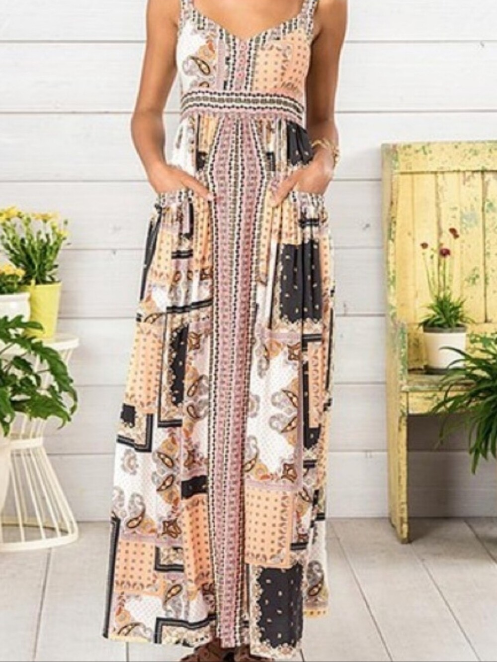Matilda Jane Perfectly Paisley Boho Patchwork Maxi Dress Size Sm Pockets Tie